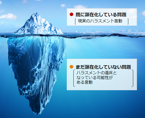 
                                既に顕在化している問題(現実のハラスメント言動)
                                まだ顕在化していない問題(ハラスメントの温床となっている可能性がある言動)
                                